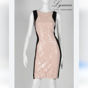 Frank Lyman Blush Pink & Black Sequin & Mesh Midi Dress Size 8
